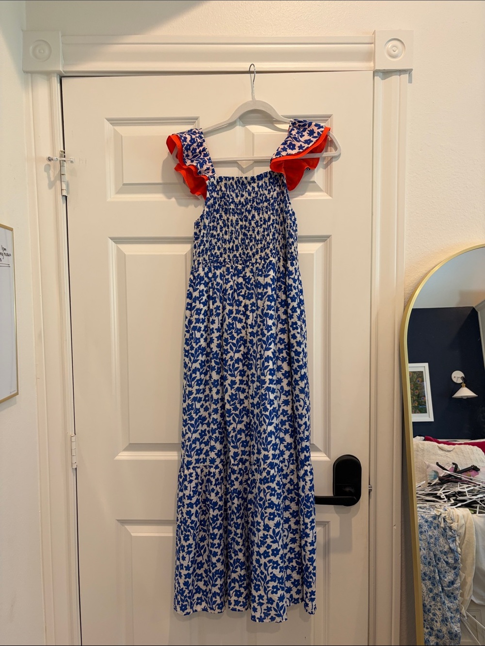 Blue Floral Maxi Dress with Red Ruffle Straps
